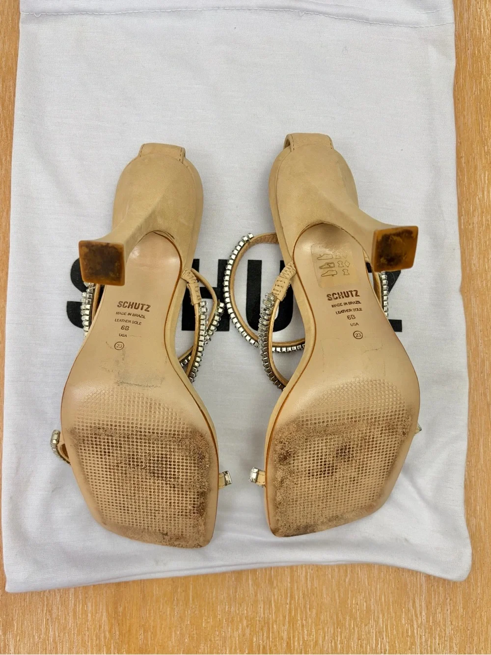SCHUTZ Nude Strappy Heels with Silver Crystal Accents in Shoe Bag